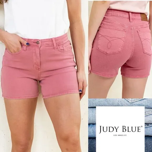 Judy Blue High Rise Shorts Rose Garment Dyed Embroidery Stretch Denim NWT - Picture 3 of 12
